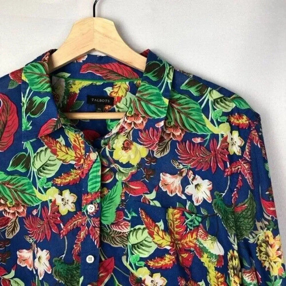 Talbots Blue Tropical Floral Print Button Down Long Sleeve Top XL - Picture 3 of 3